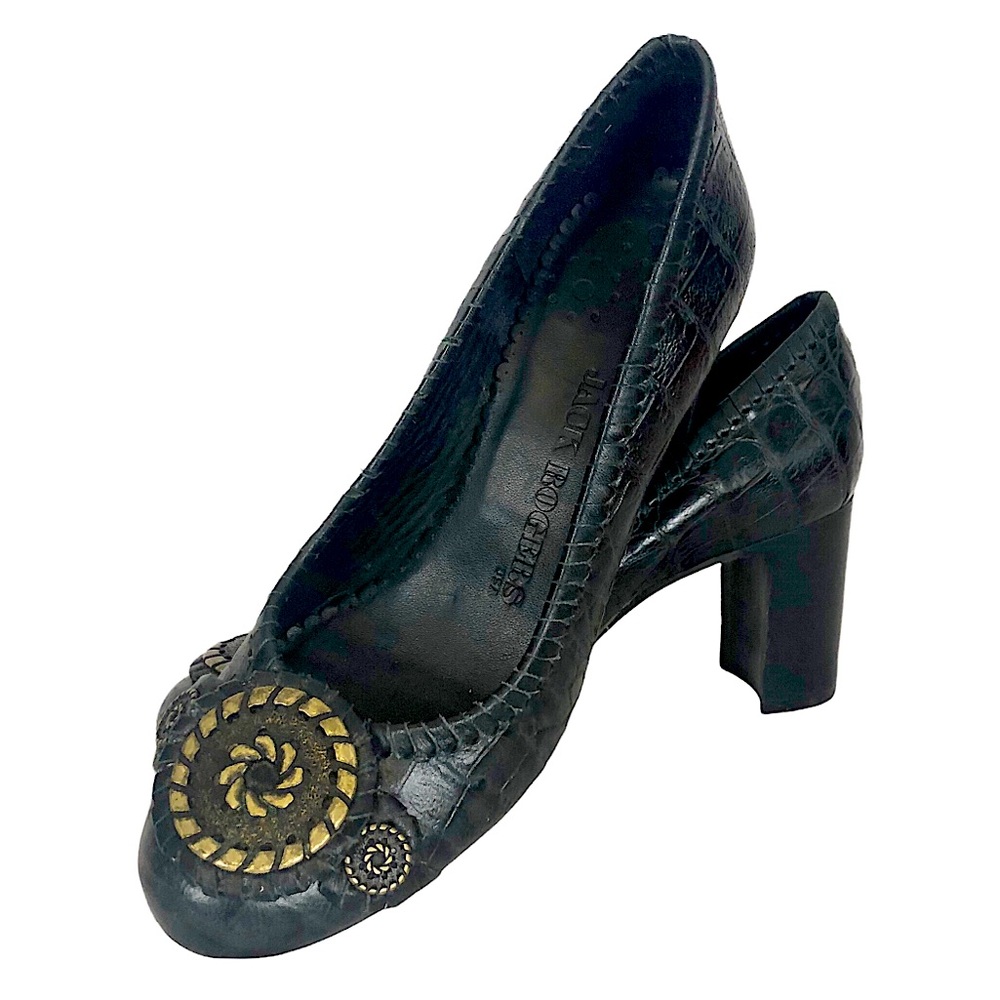 Jack Rogers Black Croc Leather Medallion Chunky Heel